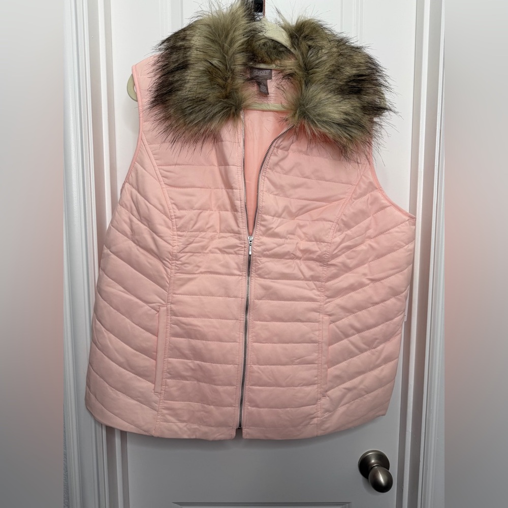 Pink Quilted Vest with Faux Fur Collar Size Large - XL